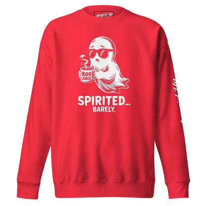 Amp'd Up Custom Spirited Barely Sweatshirt in red with ghost graphic holding boo juice mug and sunglasses