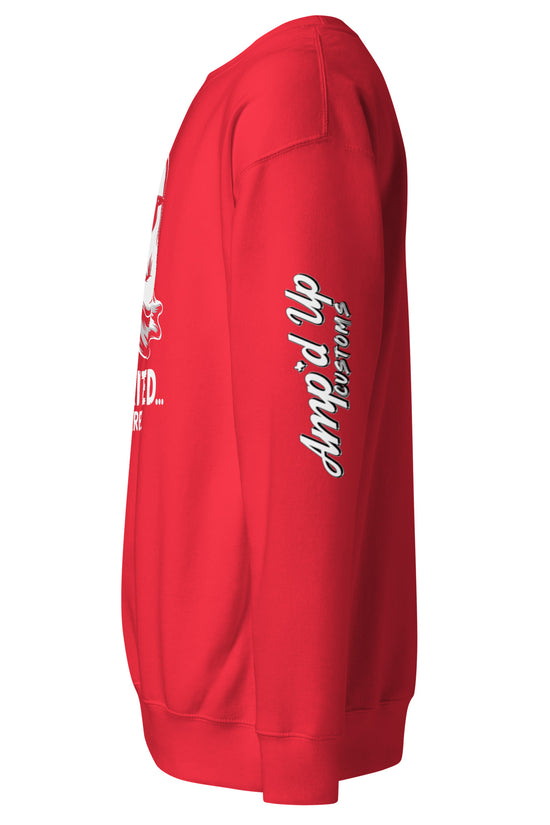 Red Spirited Barely Sweatshirt by Amp'd Up Custom with logo print on sleeve and comfortable fit