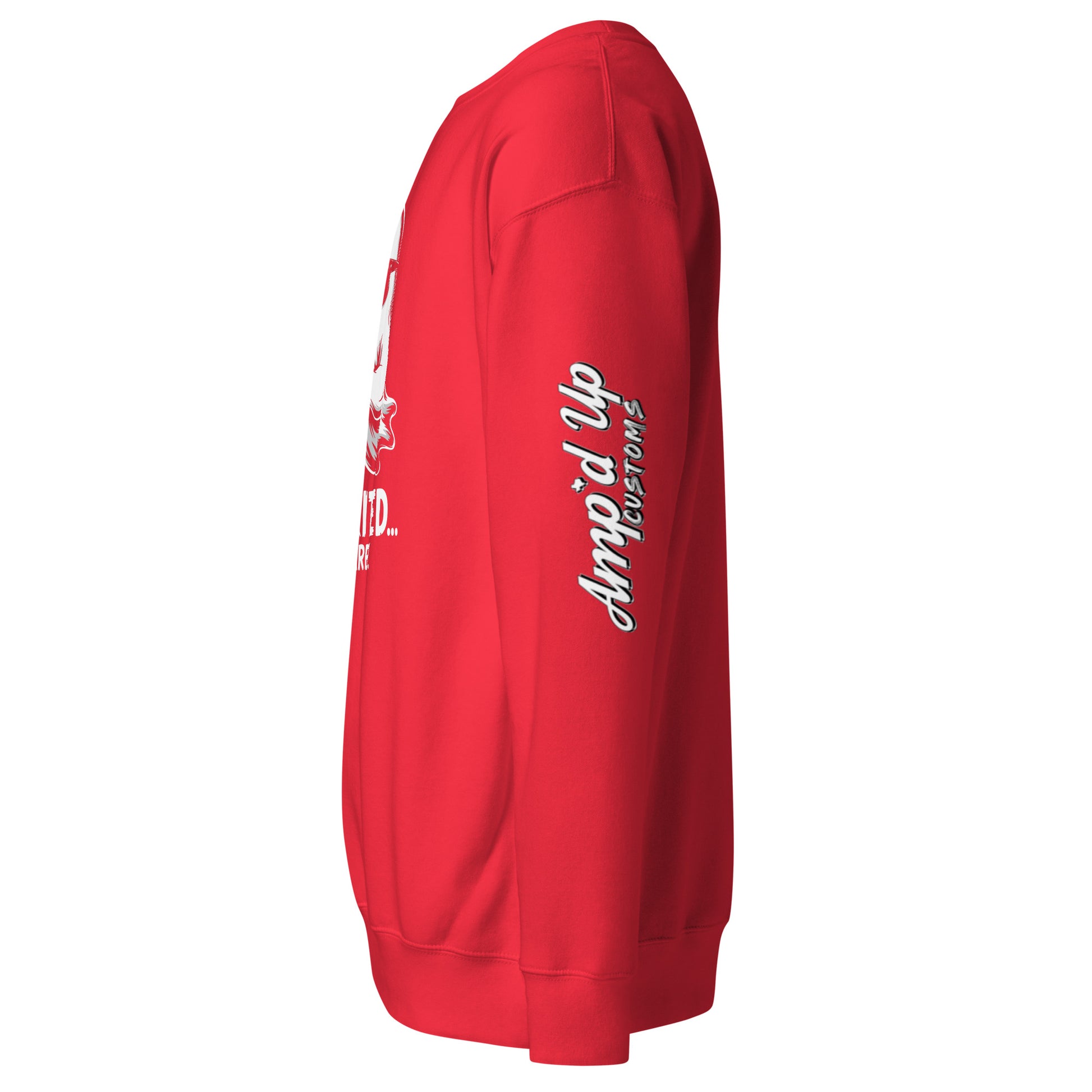 Red Spirited Barely Sweatshirt by Amp'd Up Custom with logo print on sleeve and comfortable fit