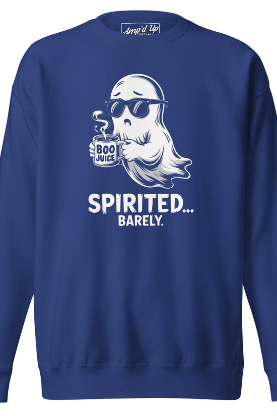 Amp'd Up Custom Spirited Barely Sweatshirt in blue with ghost holding Boo Juice mug and sunglasses