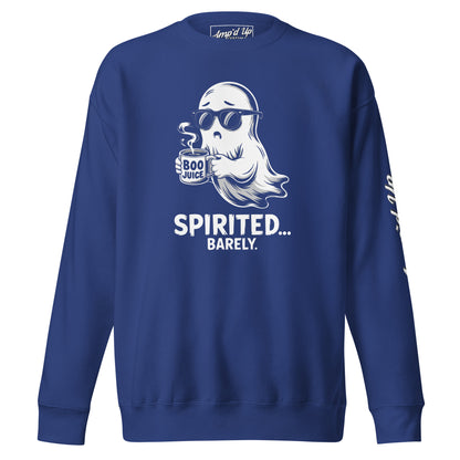 Amp'd Up Custom Spirited Barely Sweatshirt in blue with ghost holding Boo Juice mug and sunglasses