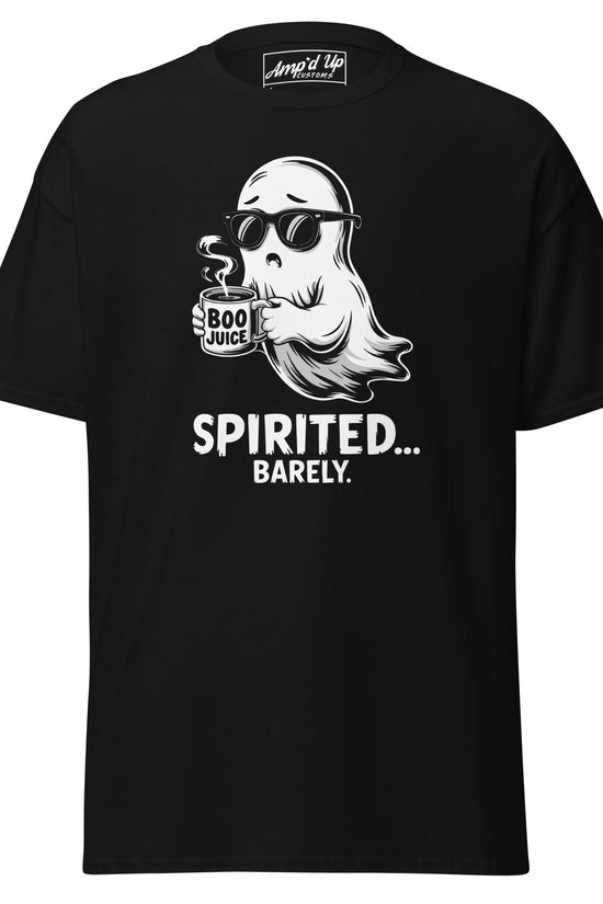 Black Spirited Barely T-Shirt by Amp'd Up Custom featuring a cool ghost with sunglasses holding a cup of boo juice