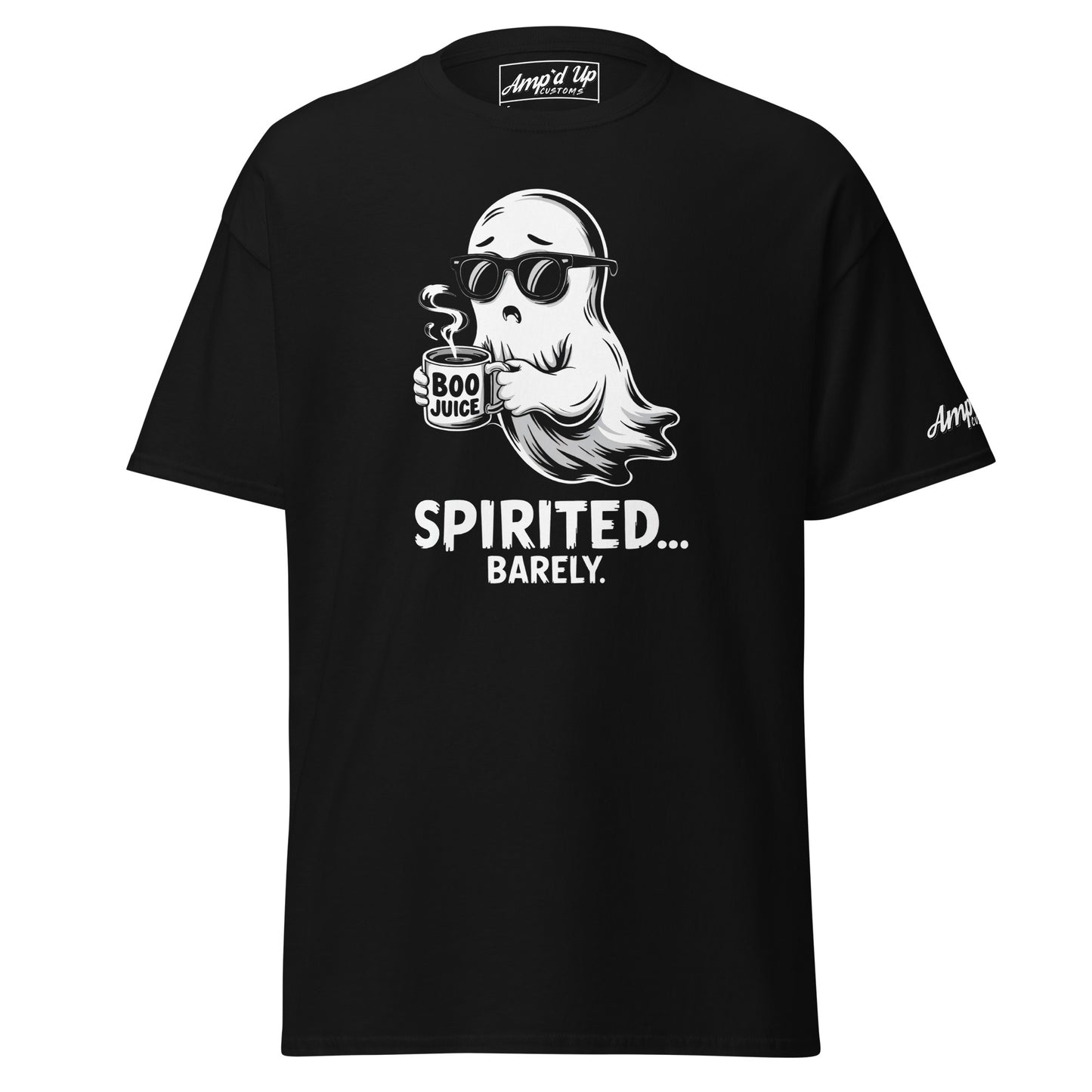 Black Spirited Barely T-Shirt by Amp'd Up Custom featuring a cool ghost with sunglasses holding a cup of boo juice