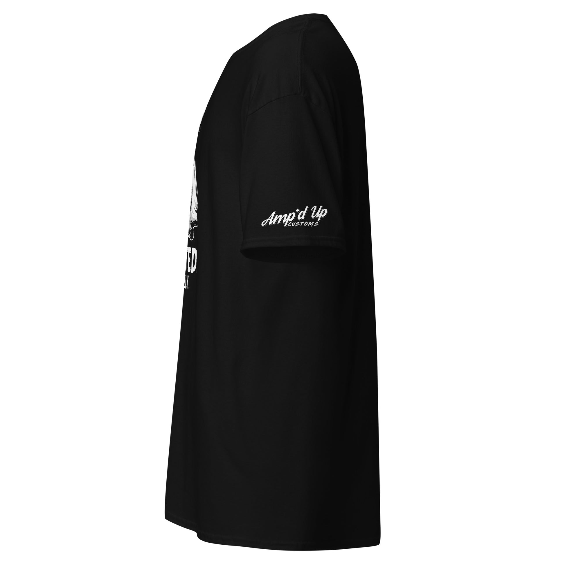 Black Spirited Barely T-Shirt by Amp'd Up Custom shown from the side with logo on sleeve