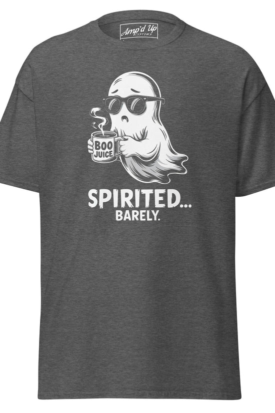 Amp'd Up Custom Spirited Barely T-Shirt with cool ghost holding boo juice cup graphic