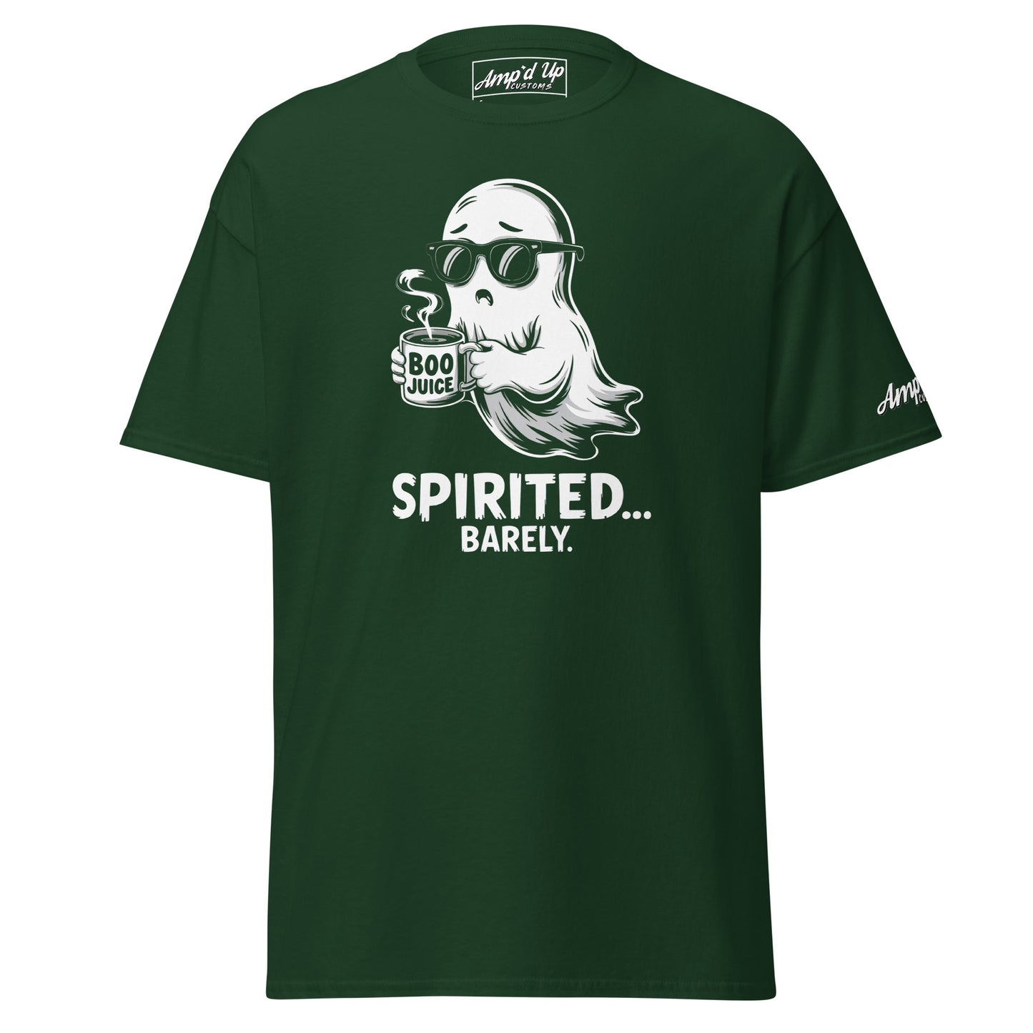 Amp'd Up Custom Spirited Barely T Shirt in dark green featuring a ghost with sunglasses holding a Boo Juice mug