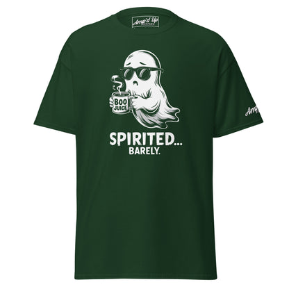 Amp'd Up Custom Spirited Barely T Shirt in dark green featuring a ghost with sunglasses holding a Boo Juice mug