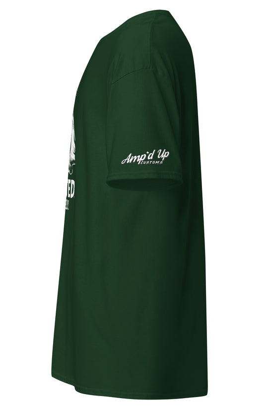 Green Spirited Barely T-Shirt by Amp'd Up Custom shown from side with logo on sleeve