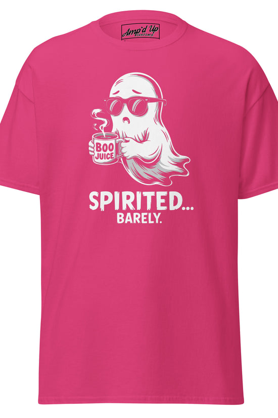 Amp'd Up Custom Spirited Barely T-Shirt in pink with a ghost holding a Boo Juice cup wearing sunglasses