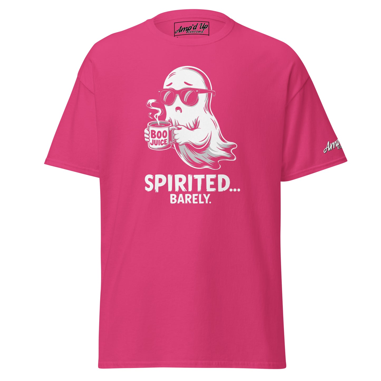 Amp'd Up Custom Spirited Barely T-Shirt in pink with a ghost holding a Boo Juice cup wearing sunglasses