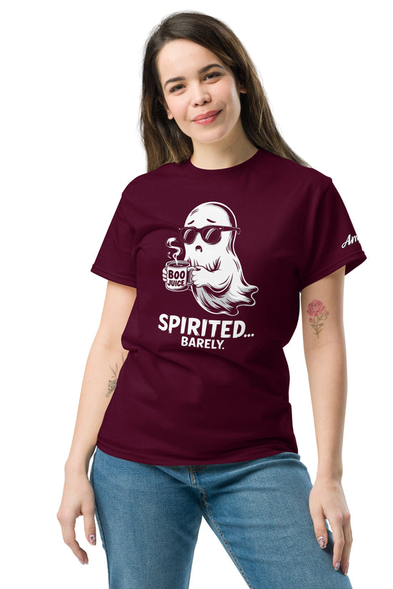 Woman wearing a maroon Spirited Barely T-Shirt by Amp'd Up Custom with a cool ghost drinking boo juice graphic