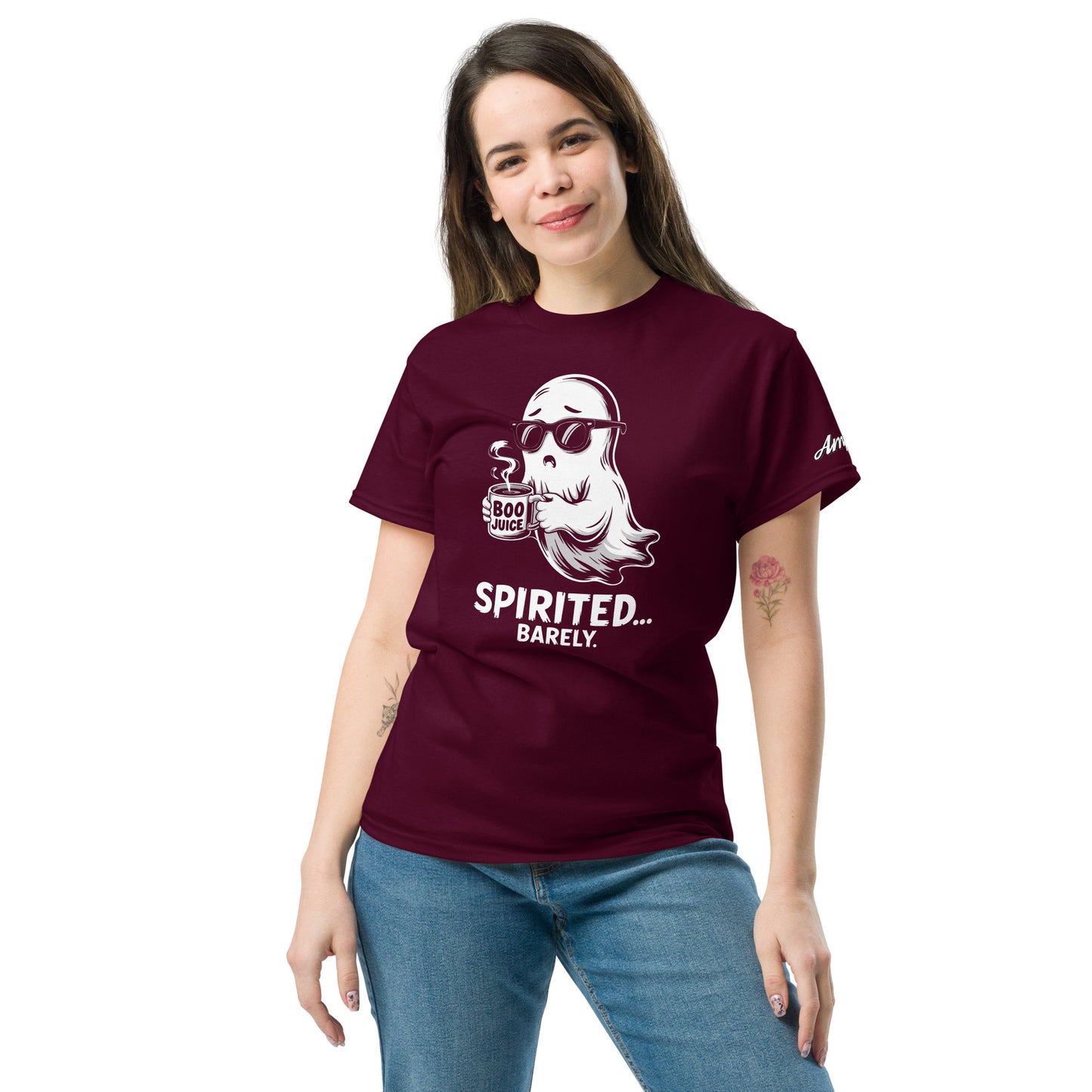 Woman wearing a maroon Spirited Barely T-Shirt by Amp'd Up Custom with a cool ghost drinking boo juice graphic