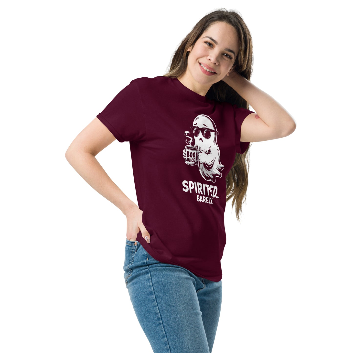 Woman wearing a maroon Spirited Barely T-Shirt by Amp'd Up Custom with a ghost graphic holding a Boo Juice mug