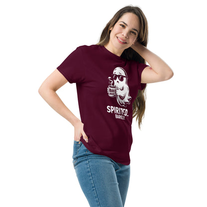 Woman wearing a maroon Spirited Barely T-Shirt by Amp'd Up Custom with a ghost graphic holding a Boo Juice mug