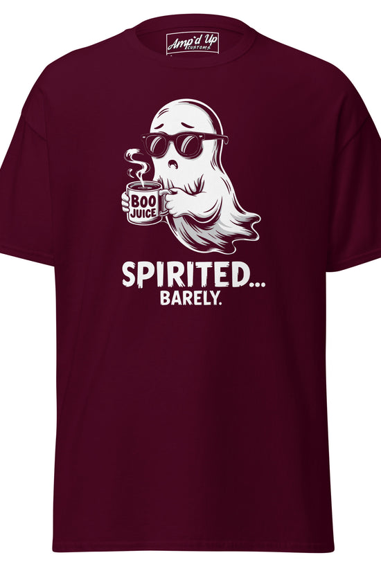 Amp'd Up Custom Spirited Barely T-Shirt with ghost holding Boo Juice mug on maroon fabric