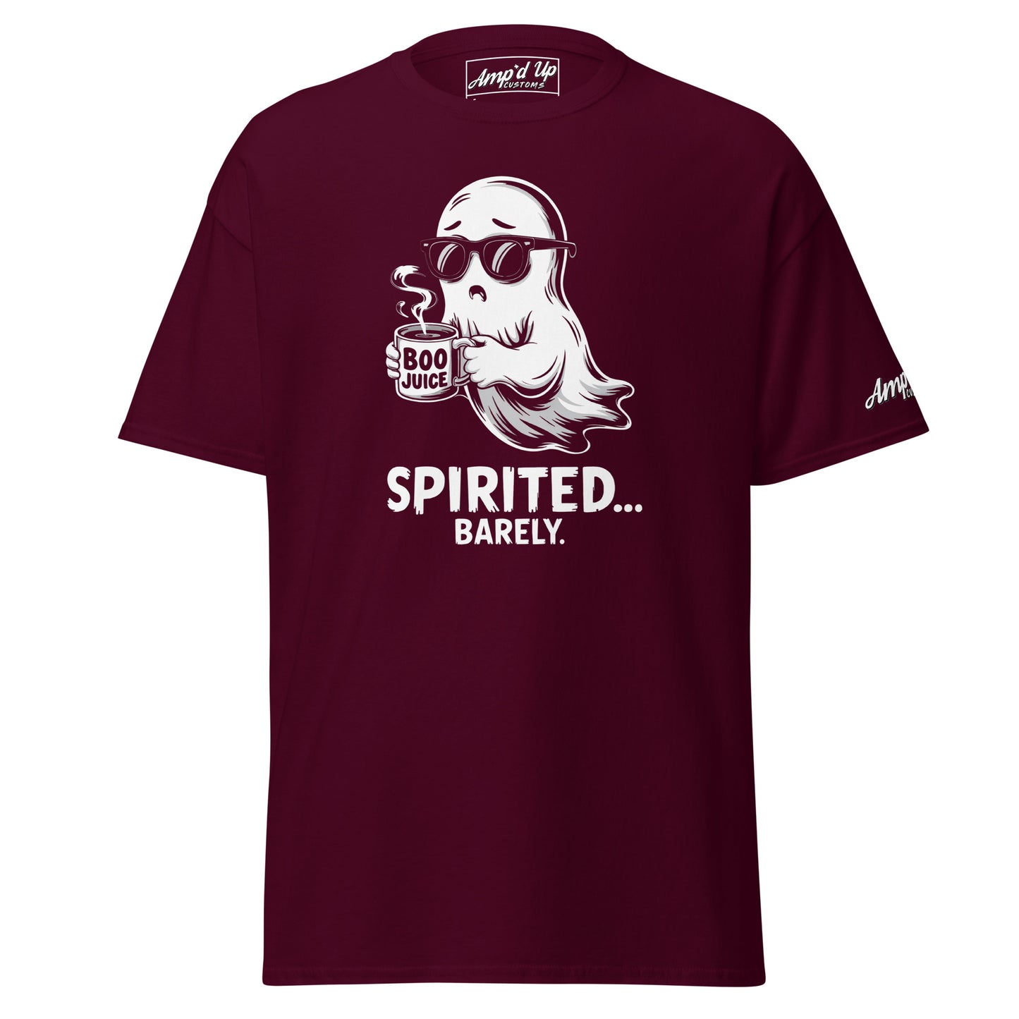 Amp'd Up Custom Spirited Barely T-Shirt with ghost holding Boo Juice mug on maroon fabric
