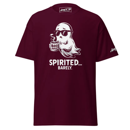 Amp'd Up Custom Spirited Barely T-Shirt with ghost holding Boo Juice mug on maroon fabric