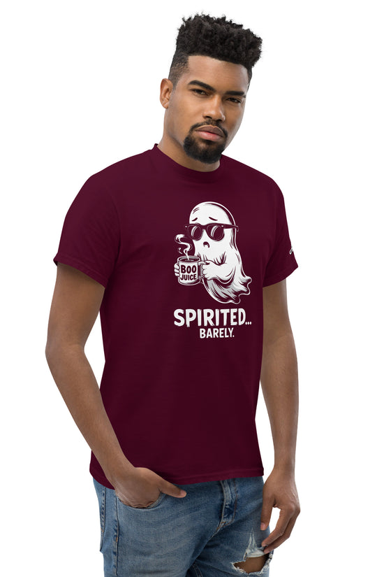 Man wearing a maroon Spirited Barely T-Shirt by Amp'd Up Custom with ghost graphic and casual jeans