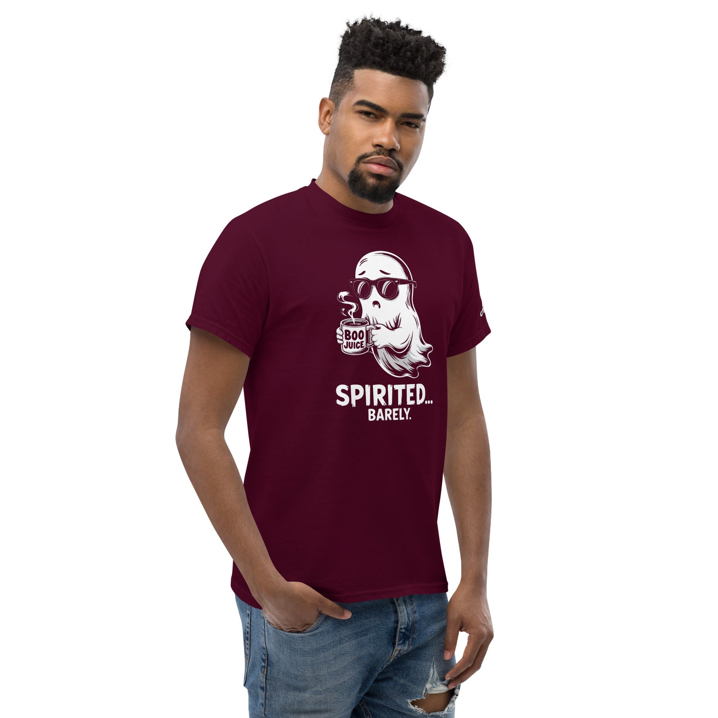 Man wearing a maroon Spirited Barely T-Shirt by Amp'd Up Custom with ghost graphic and casual jeans