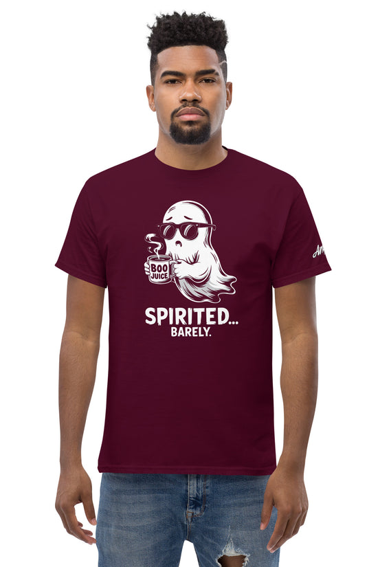 Spirited Barely T-Shirt by Amp'd Up Custom in maroon with a cool ghost graphic holding a boo juice cup