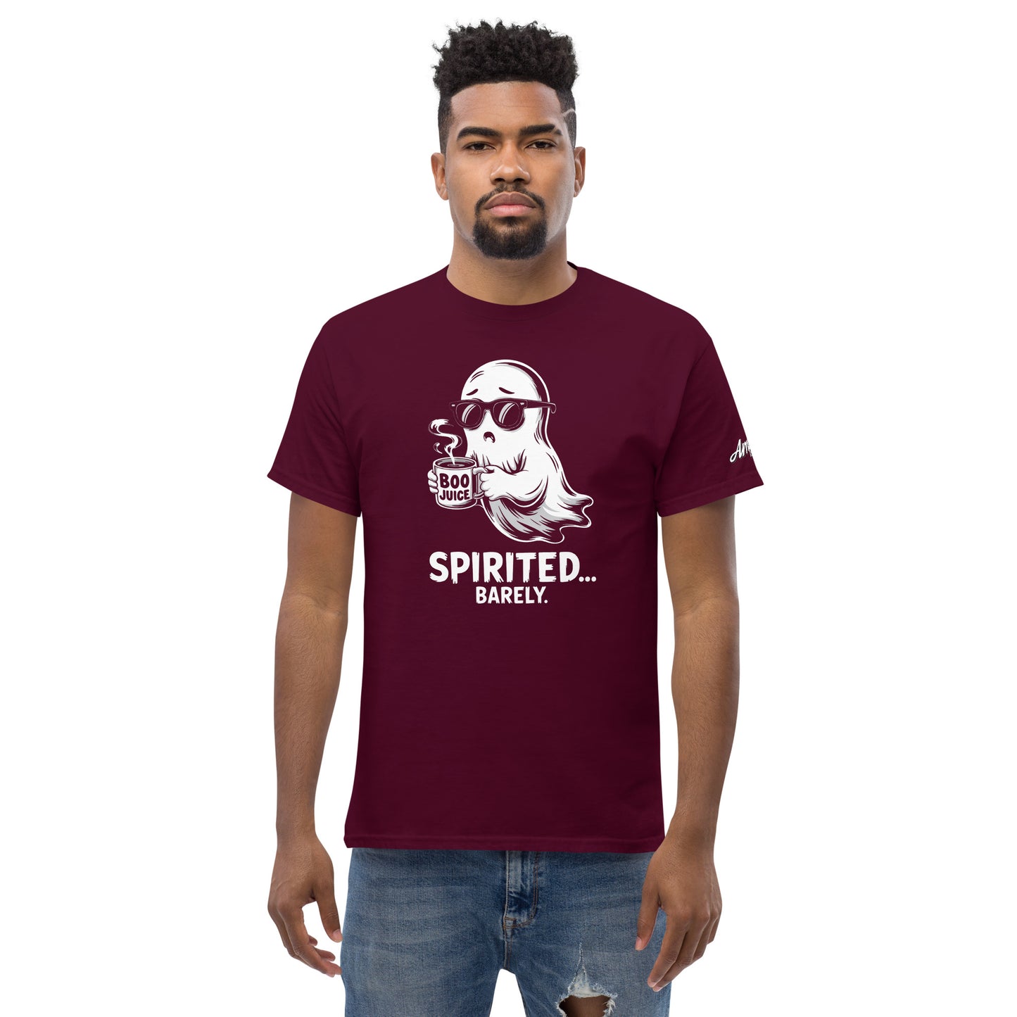 Spirited Barely T-Shirt by Amp'd Up Custom in maroon with a cool ghost graphic holding a boo juice cup