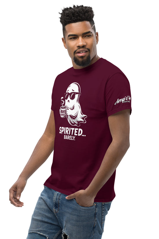 Spirited Barely T-Shirt in maroon with ghost graphic and amp'd up custom logo worn by male model