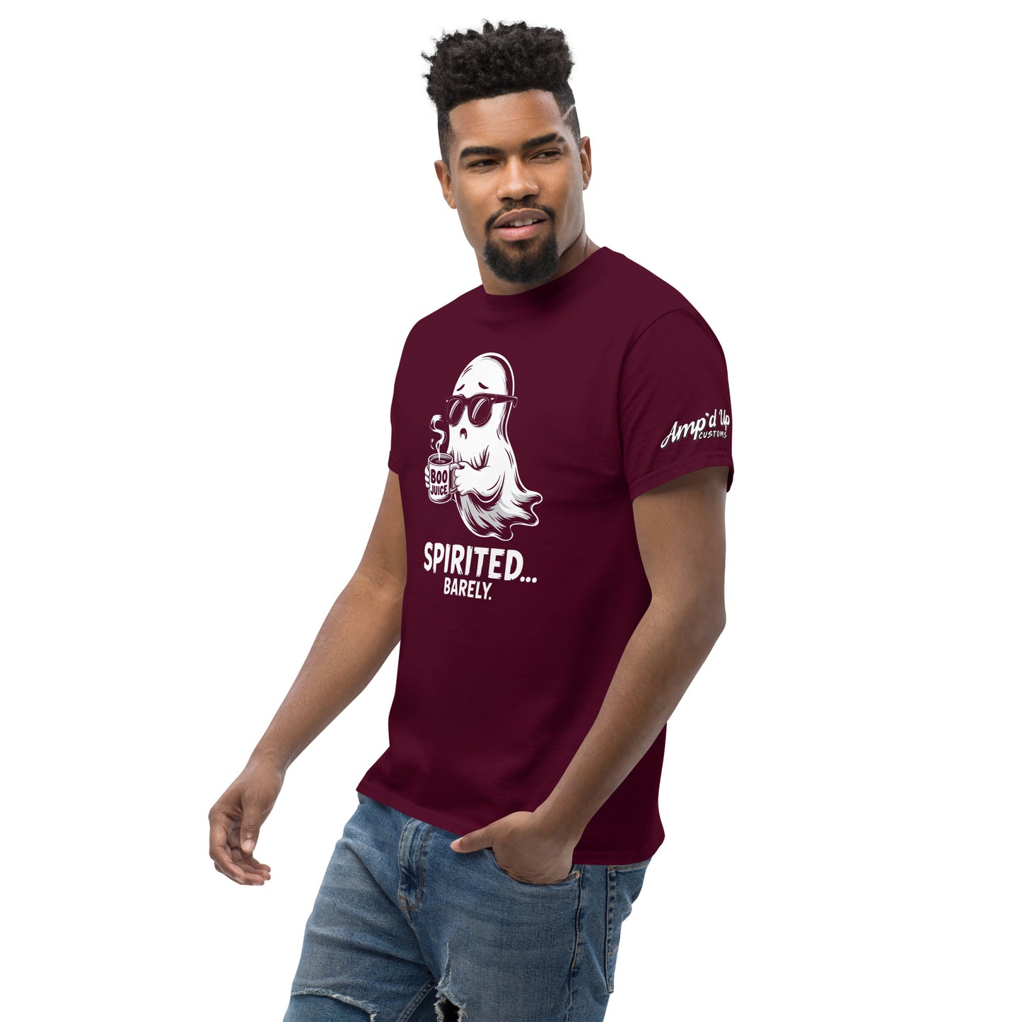 Spirited Barely T-Shirt in maroon with ghost graphic and amp'd up custom logo worn by male model