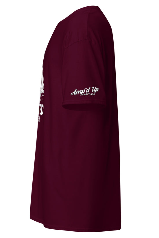 Amp'd Up Custom Spirited Barely T-Shirt in maroon with logo print on sleeve and front design