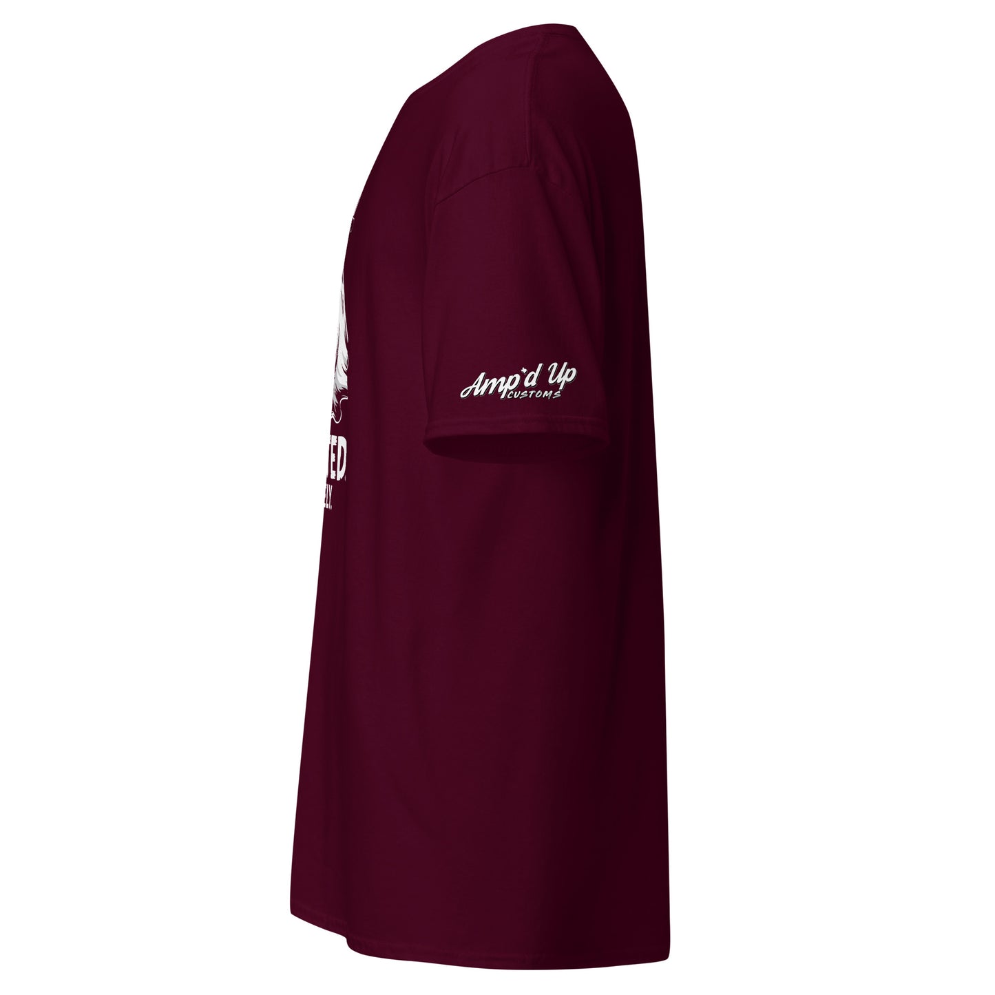 Amp'd Up Custom Spirited Barely T-Shirt in maroon with logo print on sleeve and front design