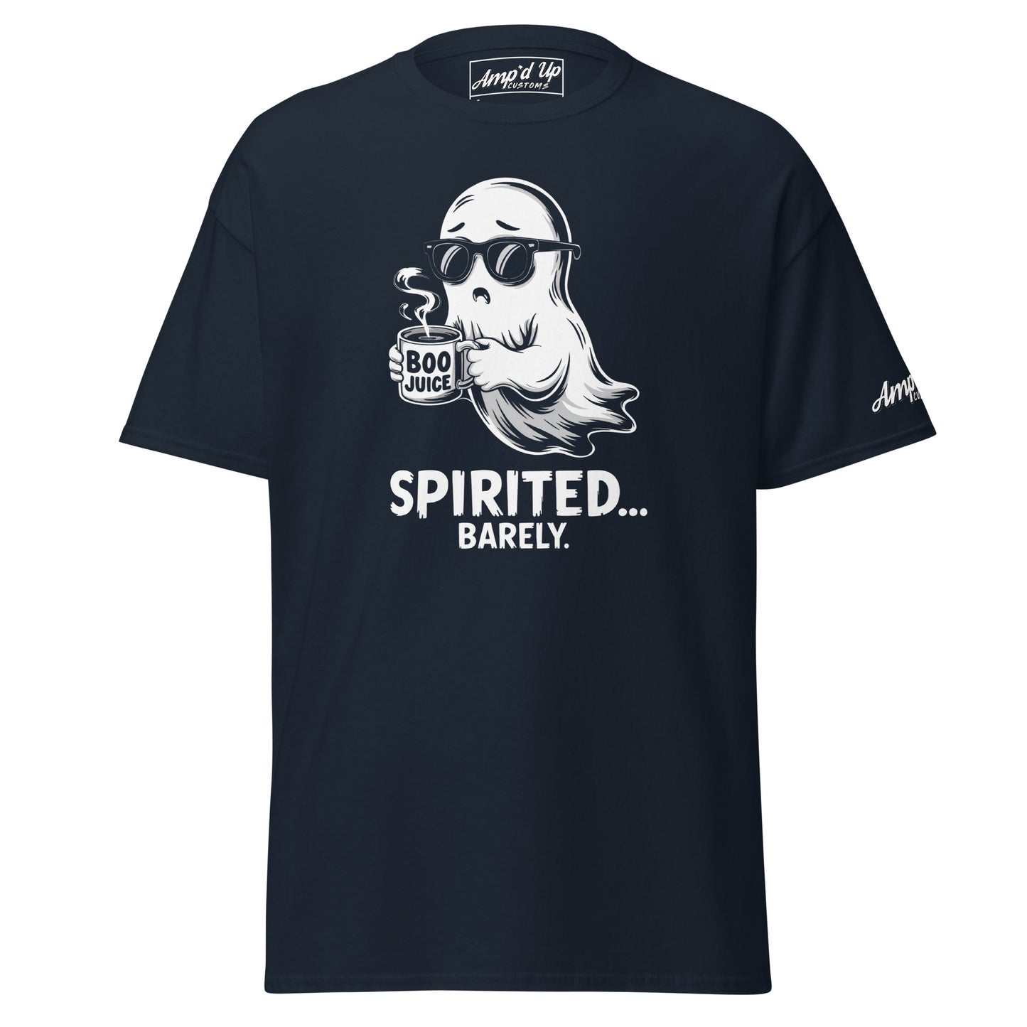 Amp'd Up Custom Spirited Barely T-Shirt with ghost holding Boo Juice cup in black