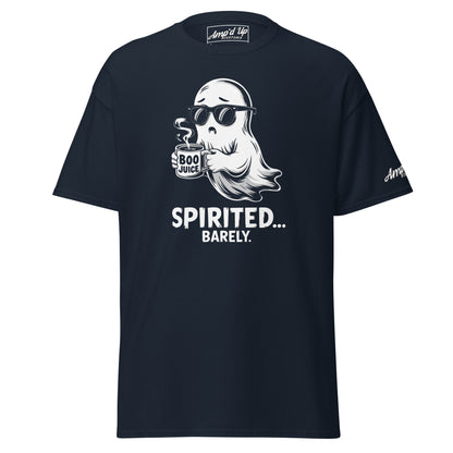 Amp'd Up Custom Spirited Barely T-Shirt with ghost holding Boo Juice cup in black