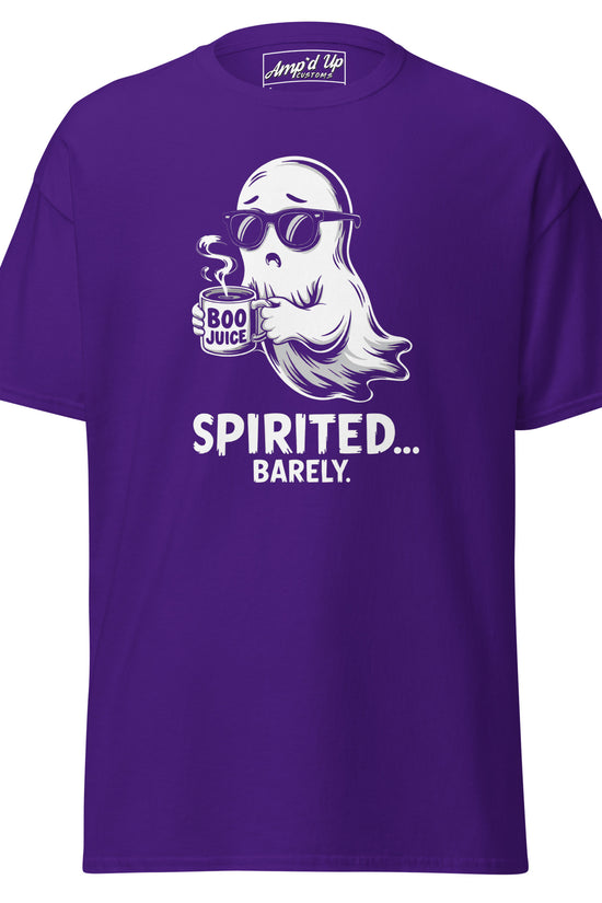 Purple Spirited Barely T-Shirt with ghost holding boo juice cup graphic from Amp'd Up Custom