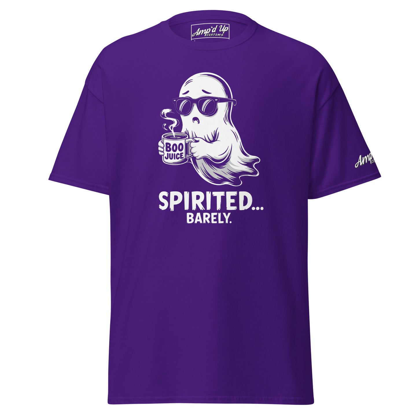 Purple Spirited Barely T-Shirt with ghost holding boo juice cup graphic from Amp'd Up Custom