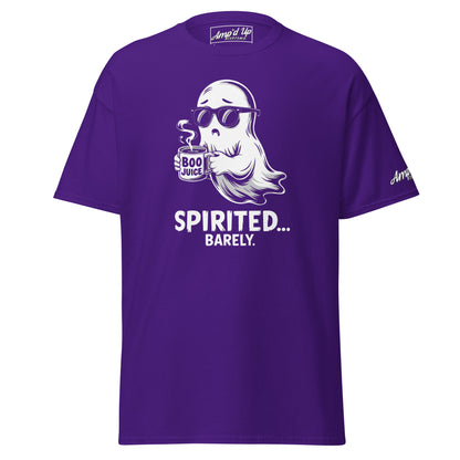 Purple Spirited Barely T-Shirt with ghost holding boo juice cup graphic from Amp'd Up Custom