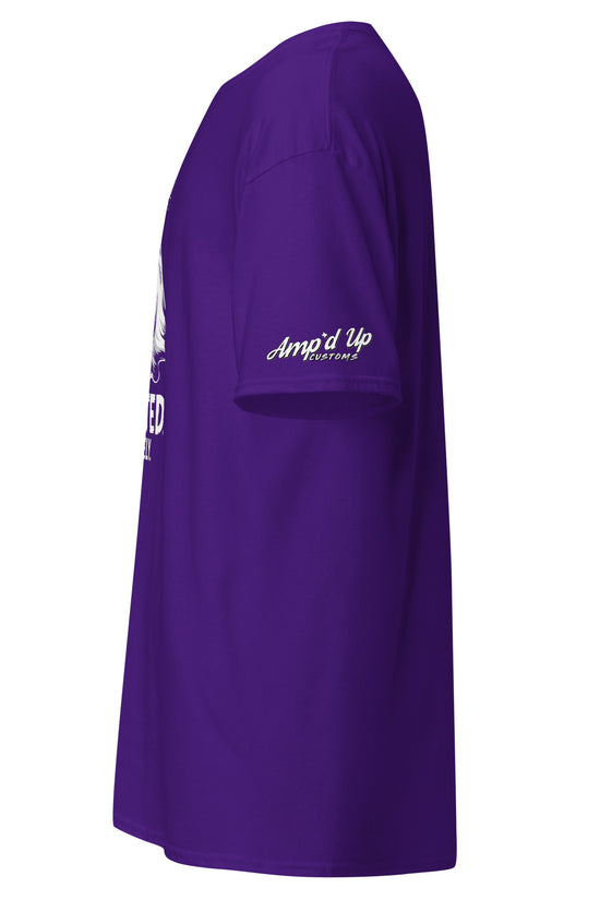 Purple Amp'd Up Custom Spirited Barely T-Shirt showing side view with logo on sleeve