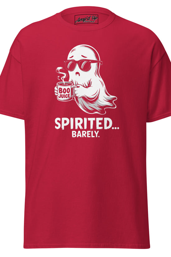 Amp'd Up Custom Spirited Barely T-Shirt in red with ghost holding Boo Juice cup graphic