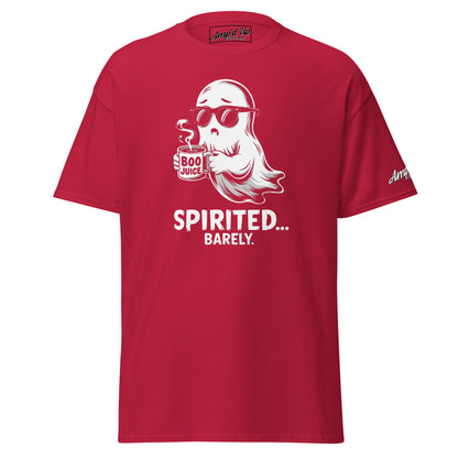 Amp'd Up Custom Spirited Barely T-Shirt in red with ghost holding Boo Juice cup graphic