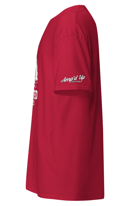 Red Spirited Barely T-Shirt by Amp'd Up Custom showing side view with logo on sleeve