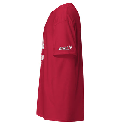 Red Spirited Barely T-Shirt by Amp'd Up Custom showing side view with logo on sleeve