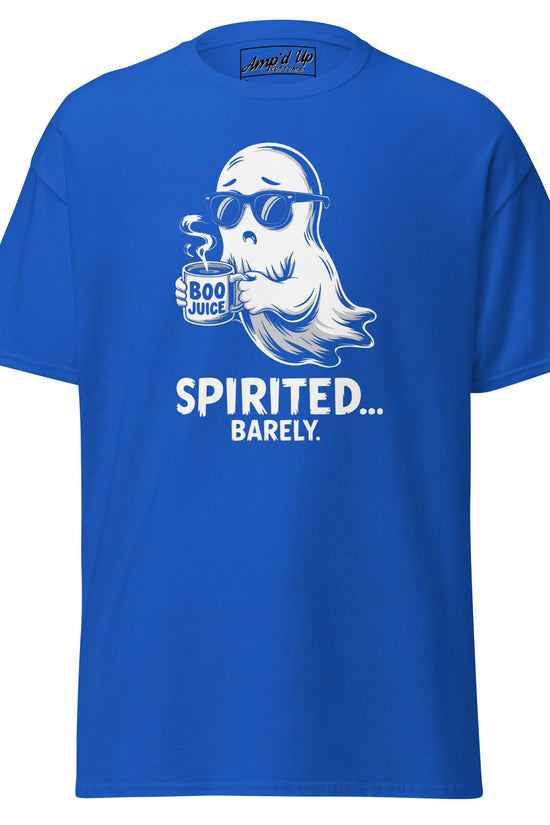 Amp'd Up Custom Spirited Barely T-Shirt in blue with ghost holding Boo Juice cup and sunglasses