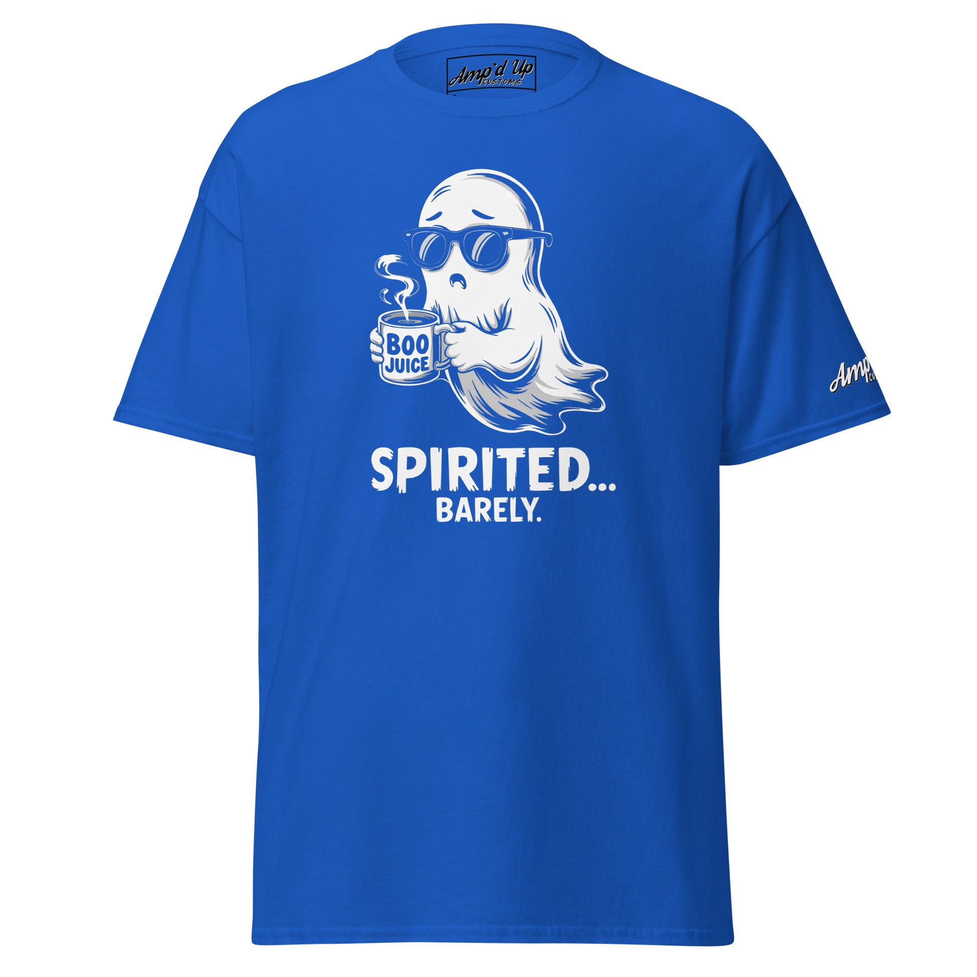 Amp'd Up Custom Spirited Barely T-Shirt in blue with ghost holding Boo Juice cup and sunglasses