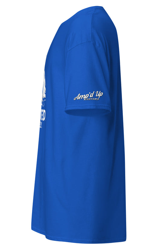 Blue Spirited Barely T-Shirt by Amp'd Up Custom side view with sleeve logo on white background