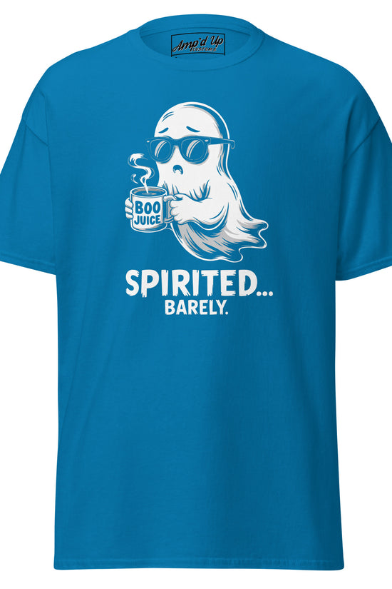 Amp'd Up Custom Spirited Barely T-Shirt blue with ghost holding Boo Juice cup graphic