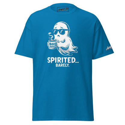 Amp'd Up Custom Spirited Barely T-Shirt blue with ghost holding Boo Juice cup graphic