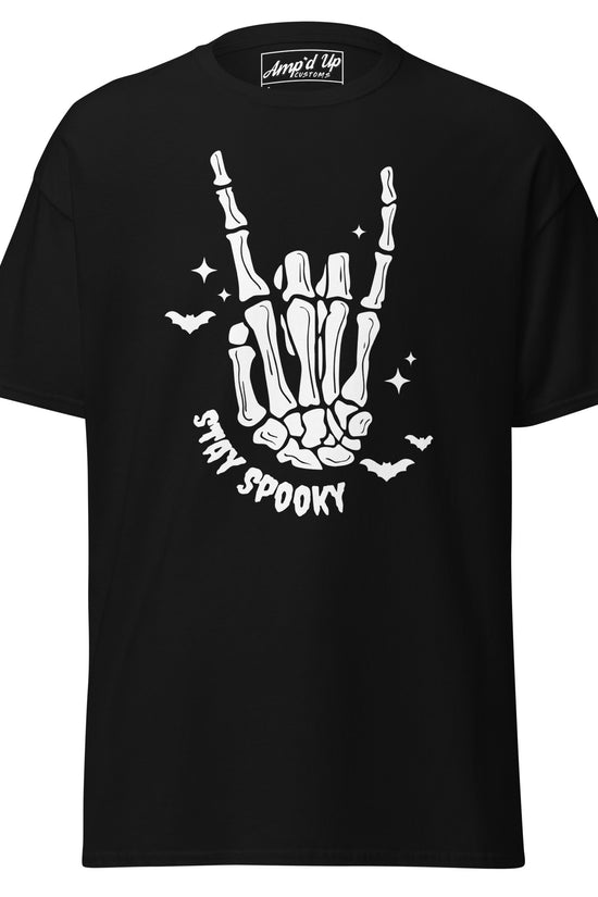 Stay Spooky T-Shirt by Amp'd Up Custom black tee with skeleton hand and bat graphics