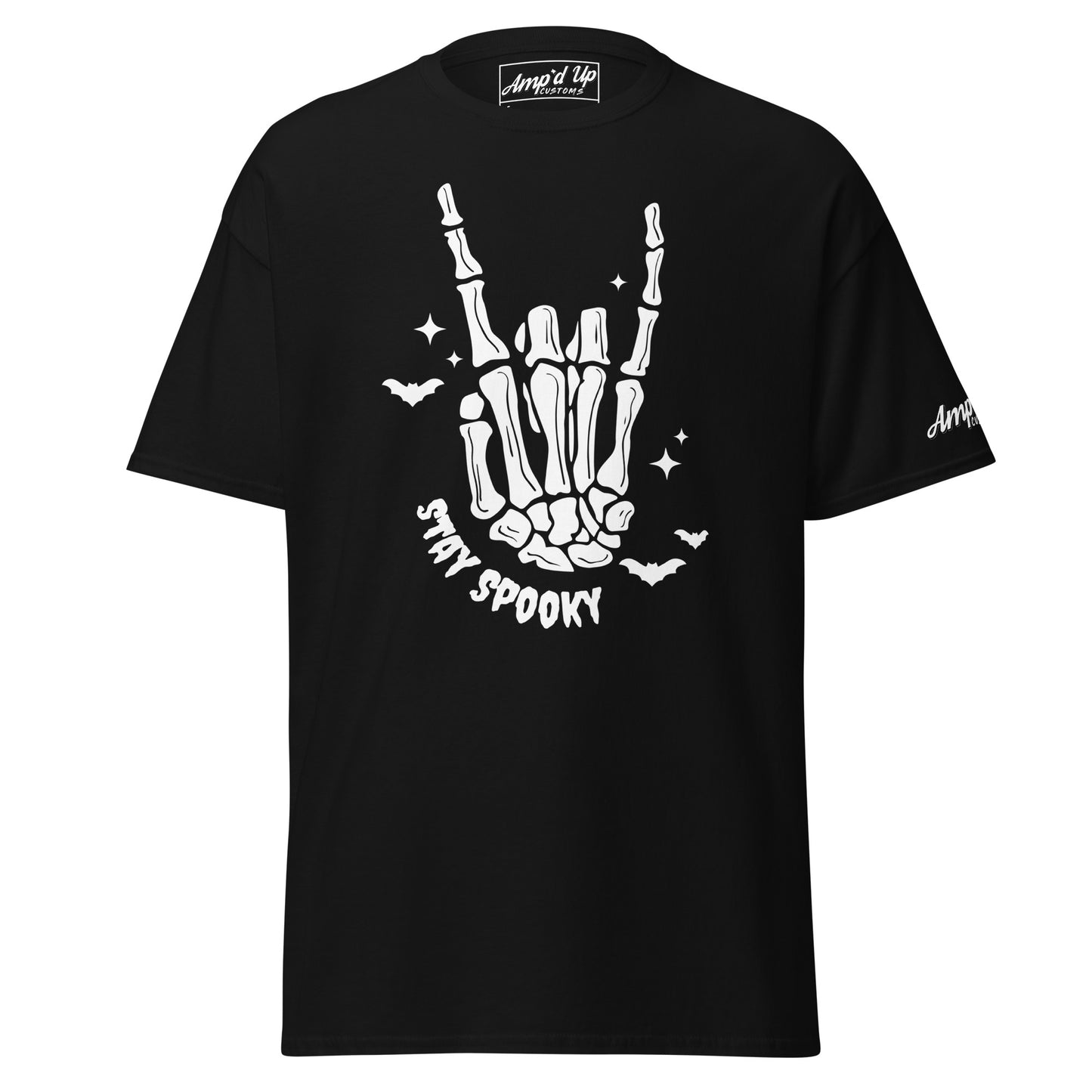 Stay Spooky T-Shirt by Amp'd Up Custom black tee with skeleton hand and bat graphics