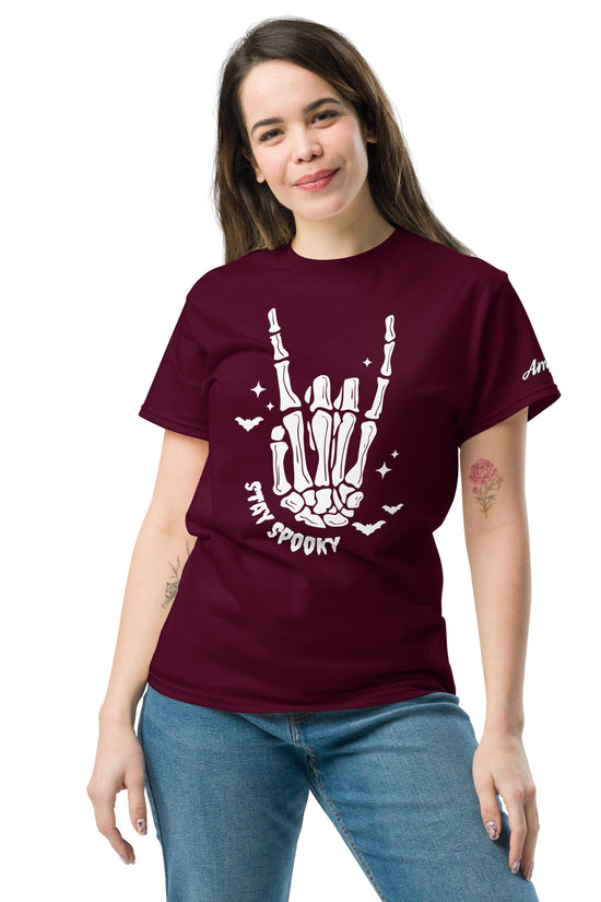 Stay Spooky T-Shirt by Amp'd Up Custom featuring skeleton hand and bats on burgundy fabric