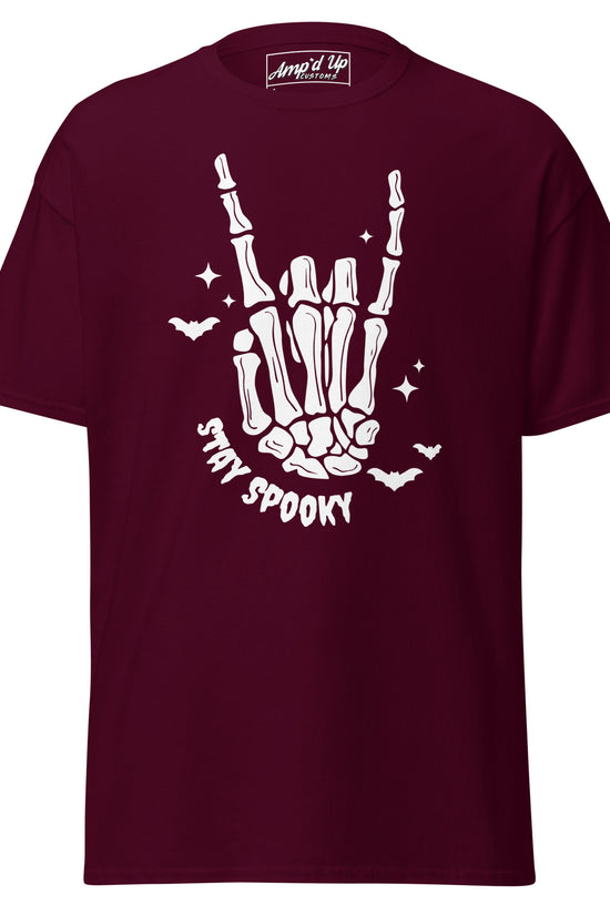 Amp'd Up Custom Stay Spooky T-Shirt in maroon with white skeleton hand and bat design