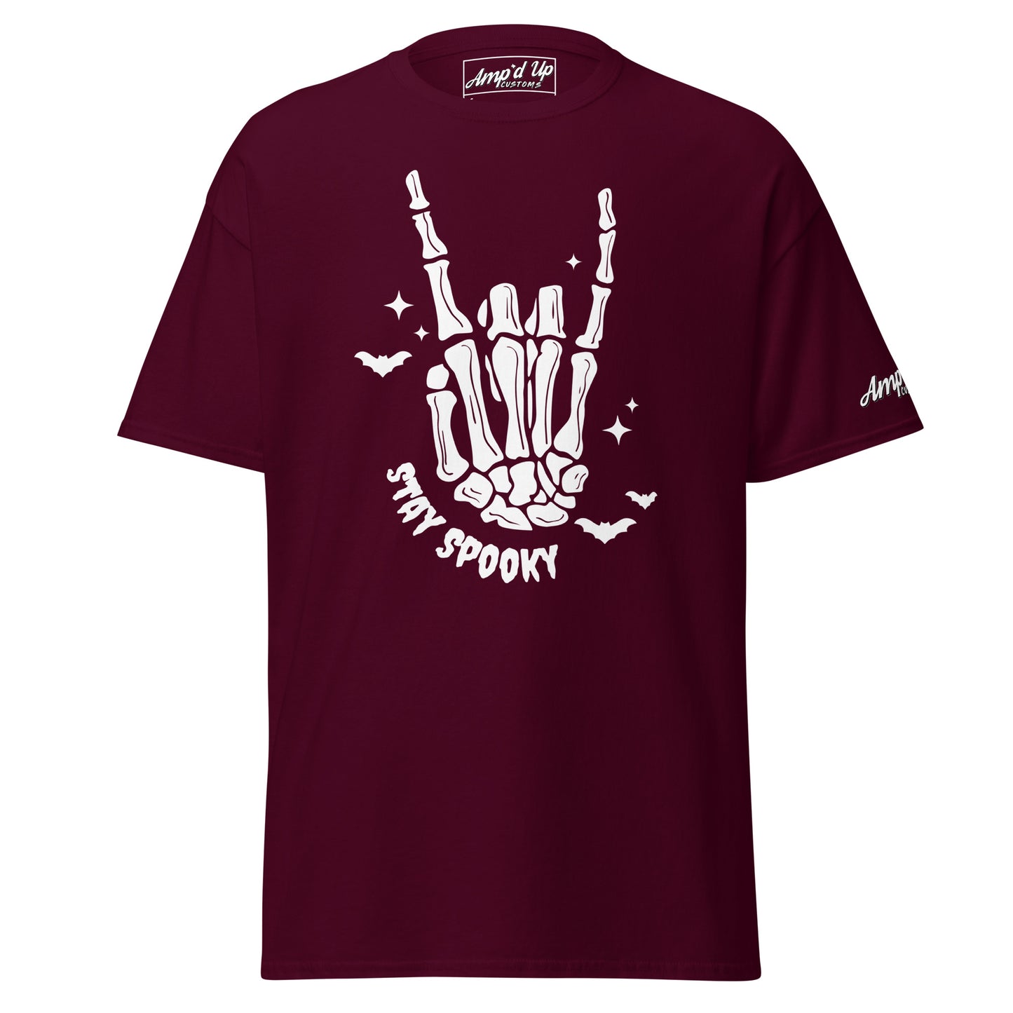 Amp'd Up Custom Stay Spooky T-Shirt in maroon with white skeleton hand and bat design