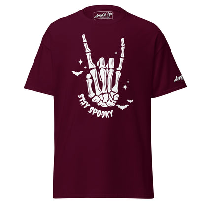 Amp'd Up Custom Stay Spooky T-Shirt in maroon with white skeleton hand and bat design